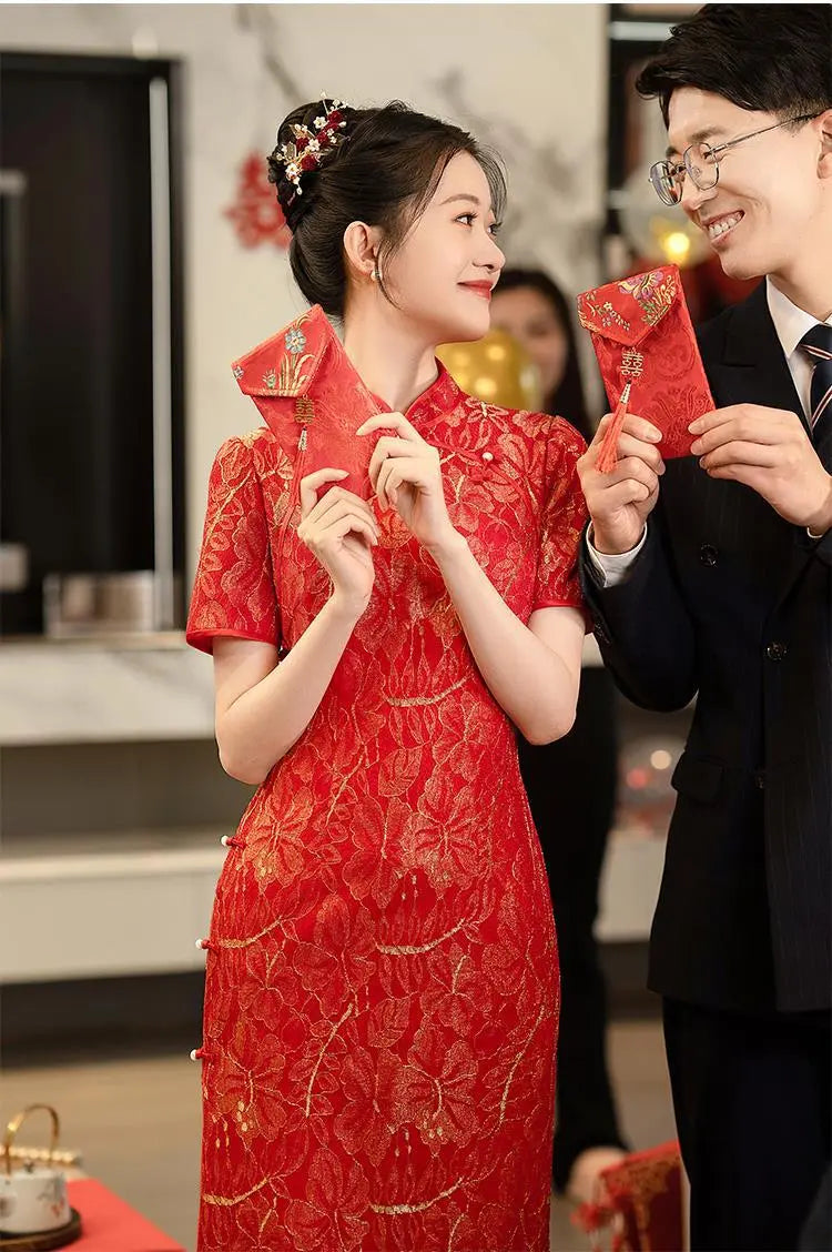 Red Lace Cheongsam Qipao Dress with Golden shimmer