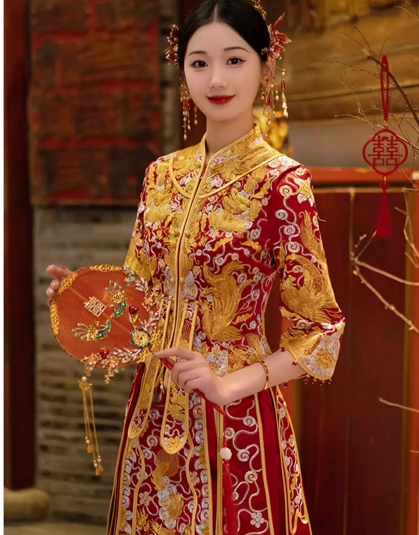 Red and gold  traditional Chinese Wedding pheonix  Qun Kwa Dress