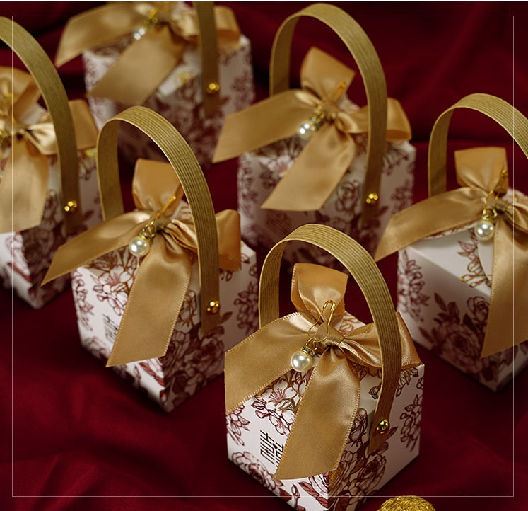 red and gold floral double happiness favor box with handle