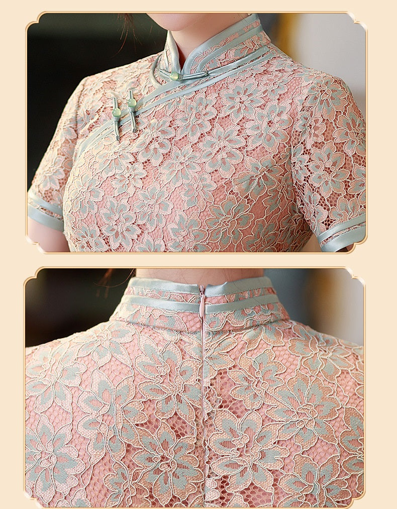 Model in pink lace qipao details