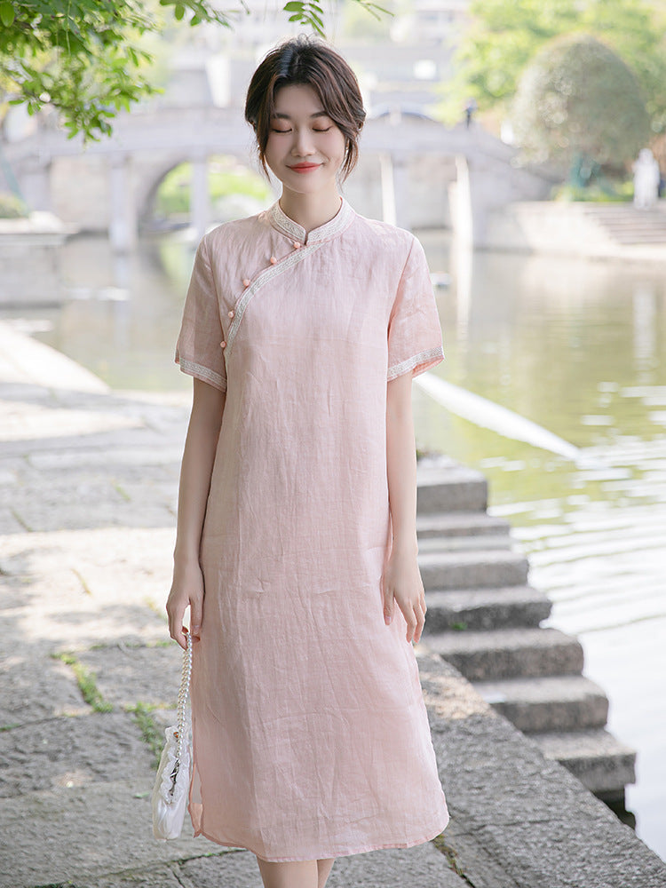 Pink Ramie Loose Cheongsam Qipao Dress