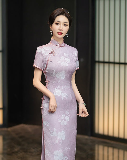 Purple Floral Cheongsam Qipao Dress