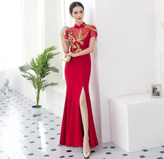 Red Chinese wedding bridal floor length mermaid qipao