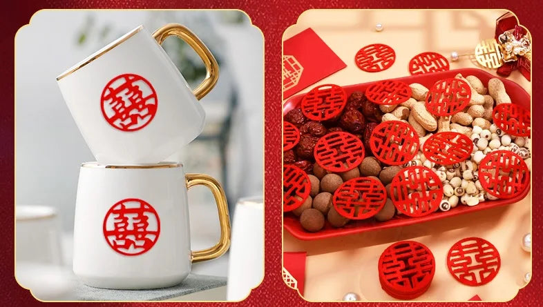 These Red Felt Fabric Double Happiness Confetti is timeless emblem of love, joy, and prosperity in Chinese culture. Perfect for traditional Chinese/Vietnamese weddings. 