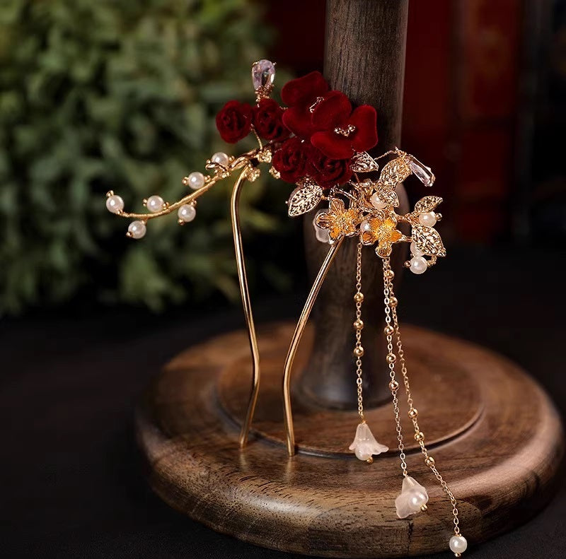 Red and Golden Floral Roses Pearl  Hair Pin