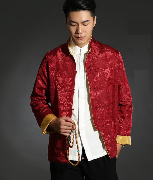 Red and yellow double-sided reversible chinese tang jacket suit