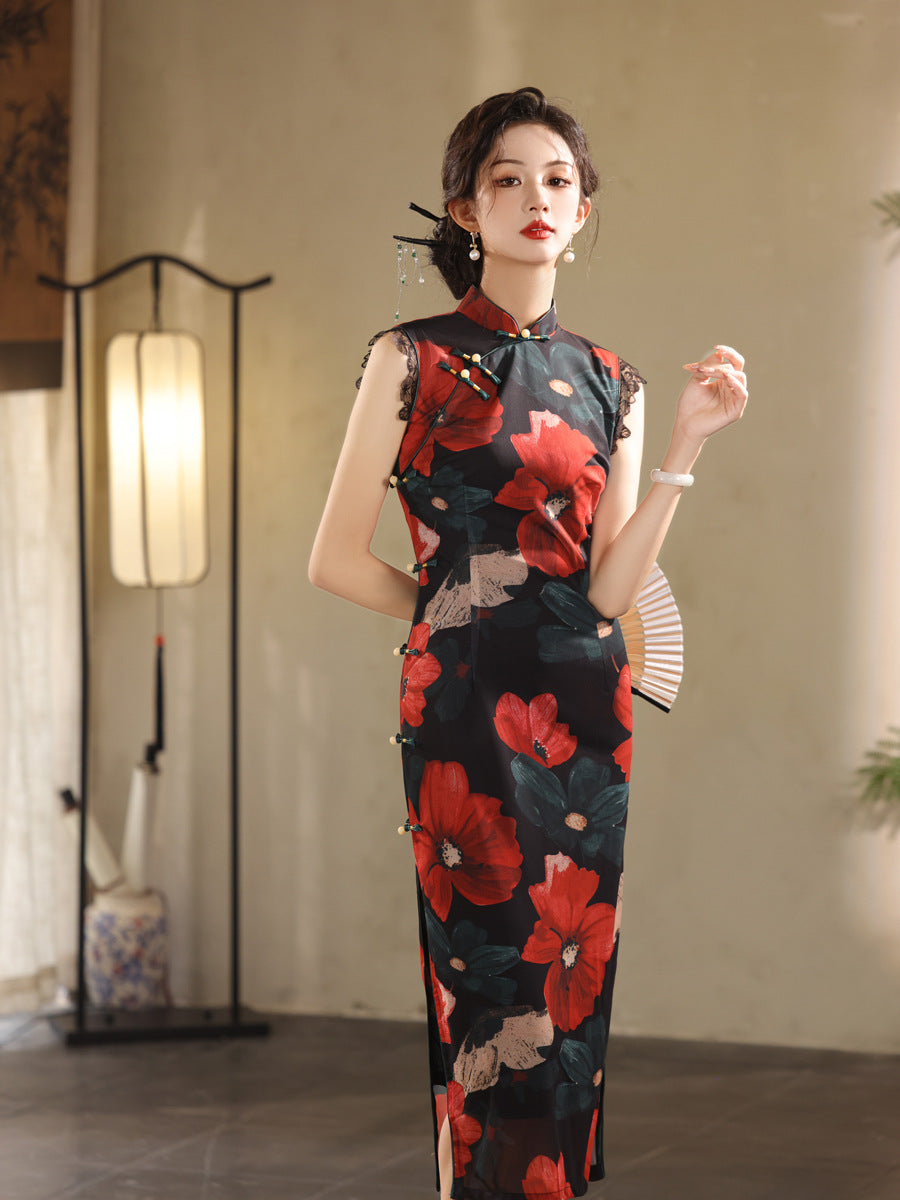 model in black and red floral qi pao cheongsam dress