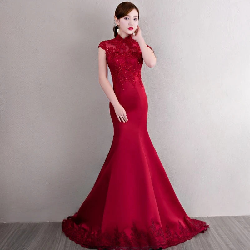Red Chinese Wedding Qipao Cheongsam  Dress With Train