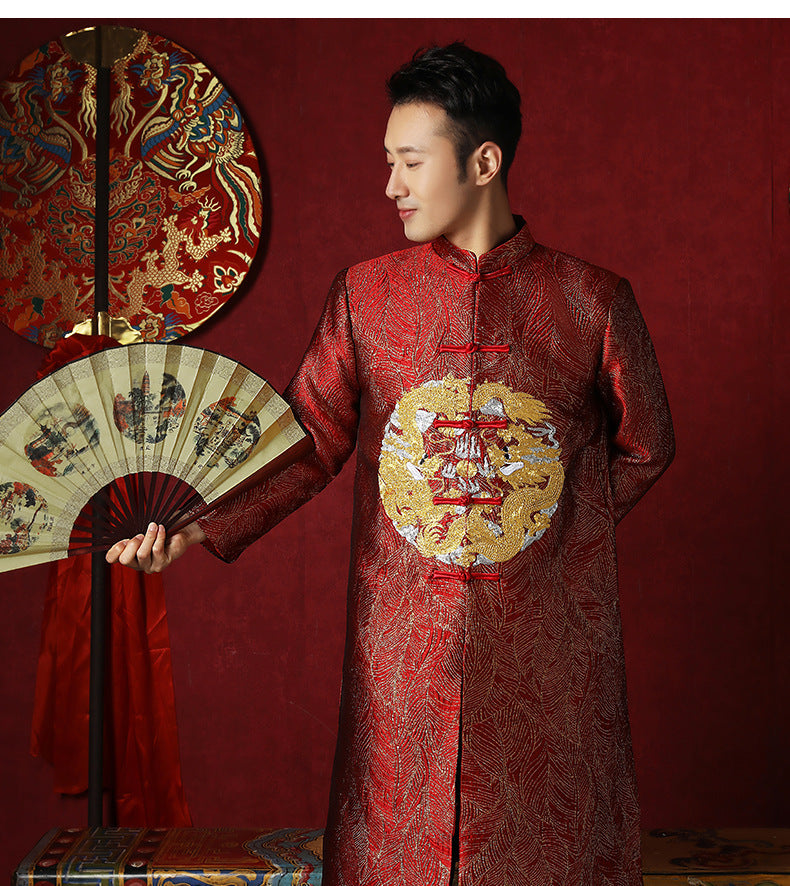 Red chinese groom dragon tang jacket top