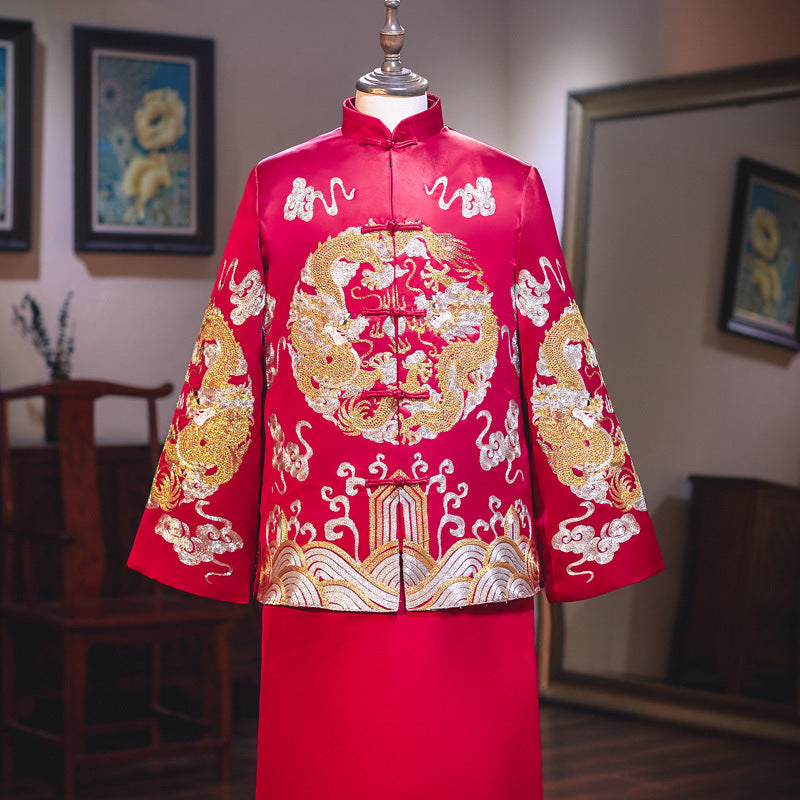 Red Chinese Wedding Groom Jacket with Dragon Embroidery - Traditional Ma Gua 