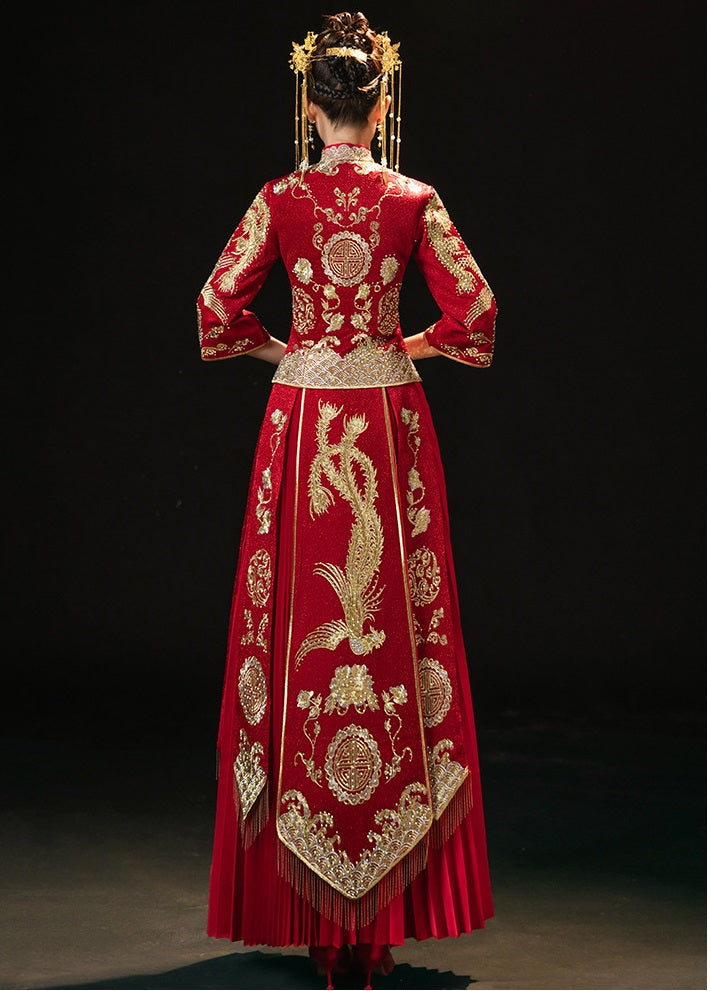 Red chinese wedding phoenix qun kwa dress