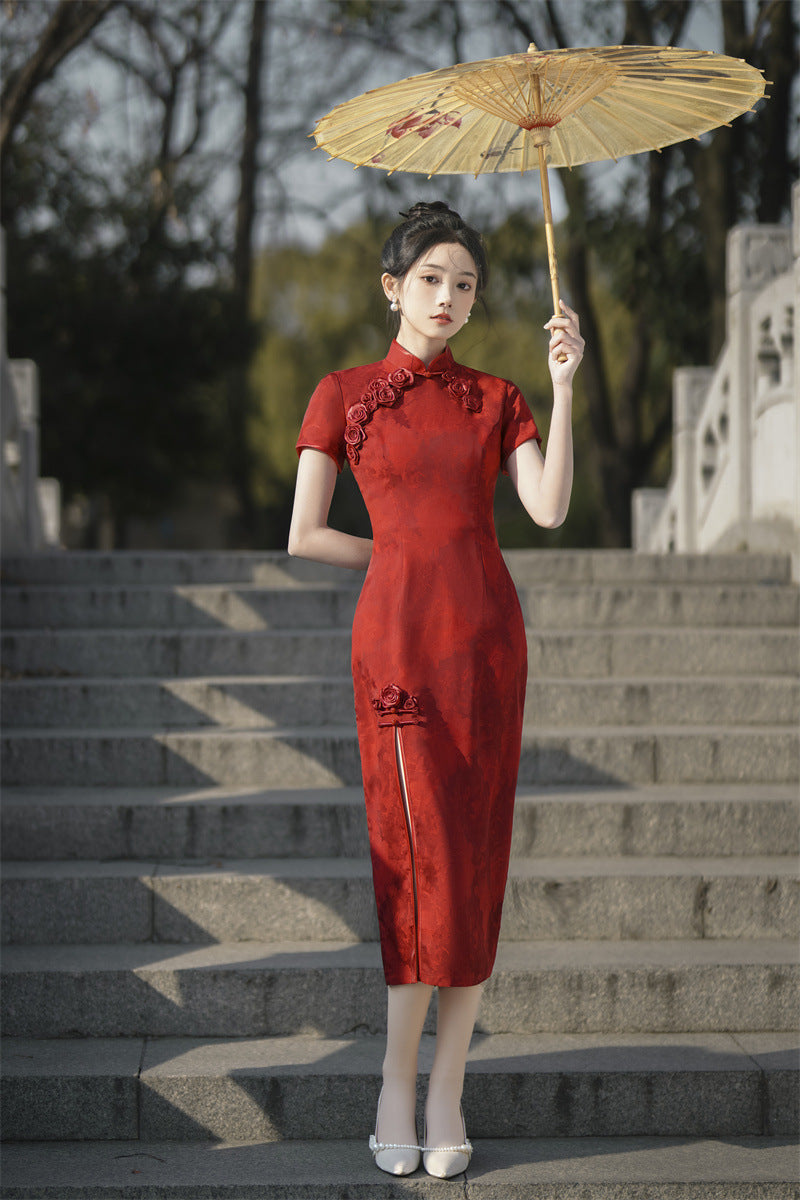 Red Modernised Chinese Qipao Cheongsam Dress With 3D Rose Flowers