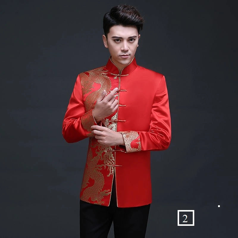 Traditional Chinese red Gold Dragon Tang Jacket for groom