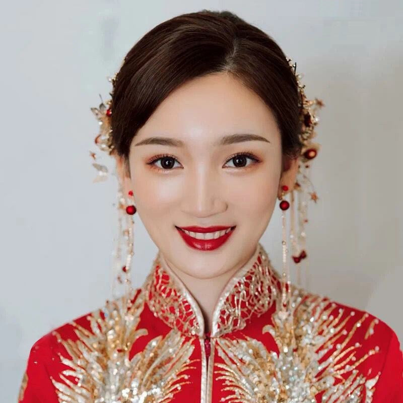 Traditional chinese bridal gold and red  hair pieces