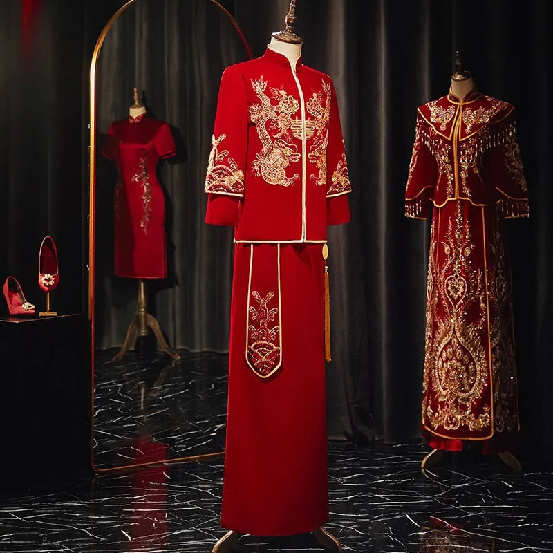 Traditional Chinese Groom Velvet Dragons Wedding Ma Gua Tang Suit