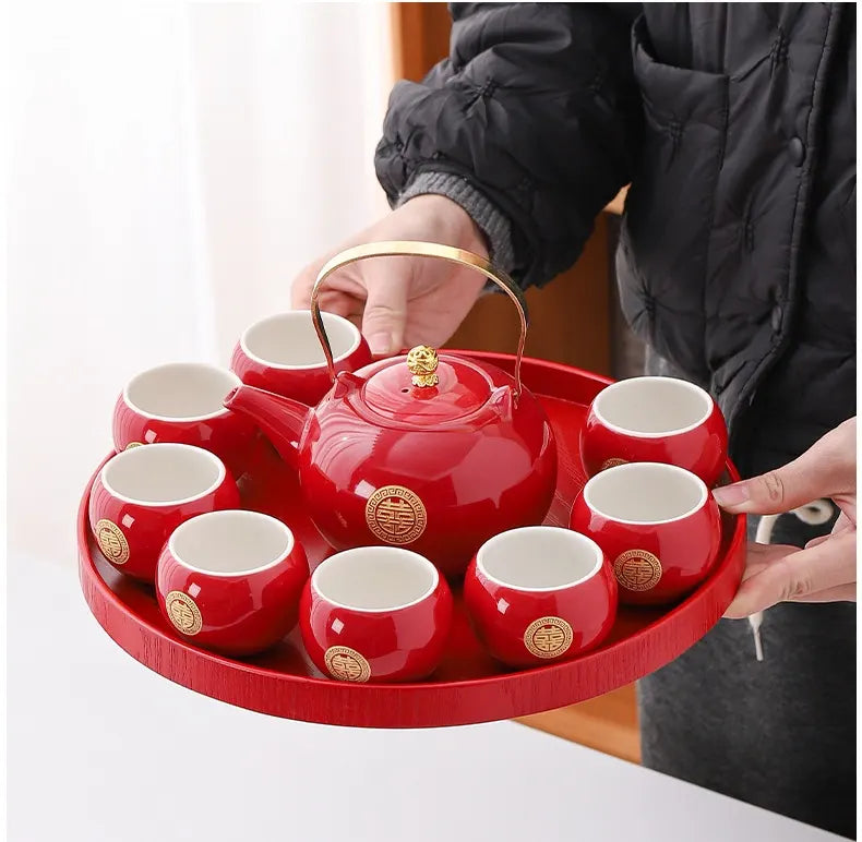 Traditional Chinese Double Happiness Red Wedding Tea Set | Crimson Bliss