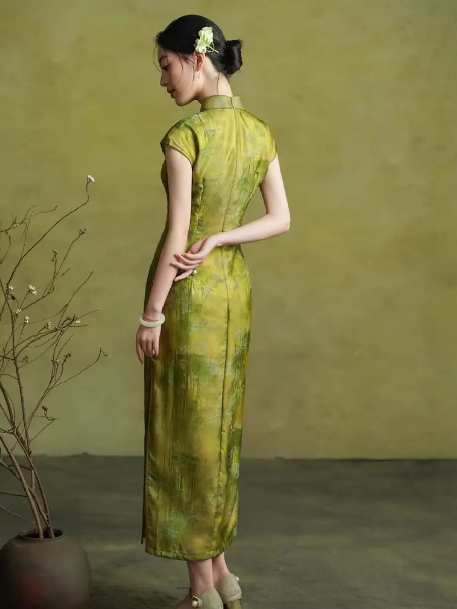 Vintage Green Bamboo Forest Cap Sleeve Qipao Dress