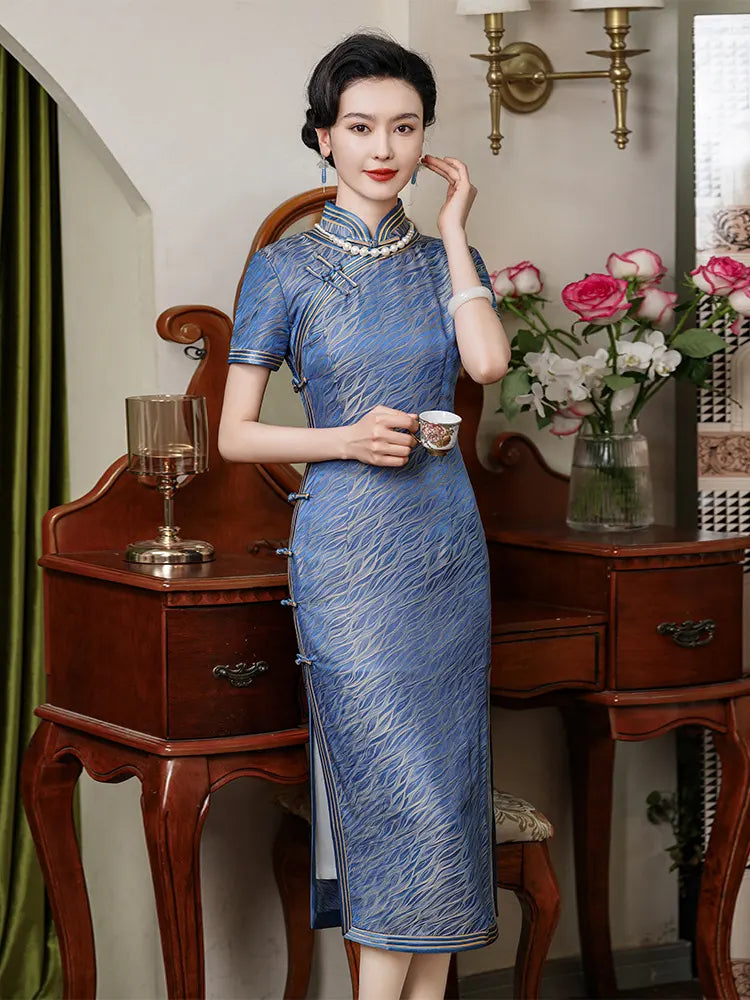 Blue Mulberry Silk Qipao Dress with Golden Trim