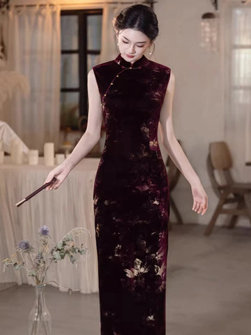 Burgundy Velvet Gold Floral Burnout  Sleeveless Qipao