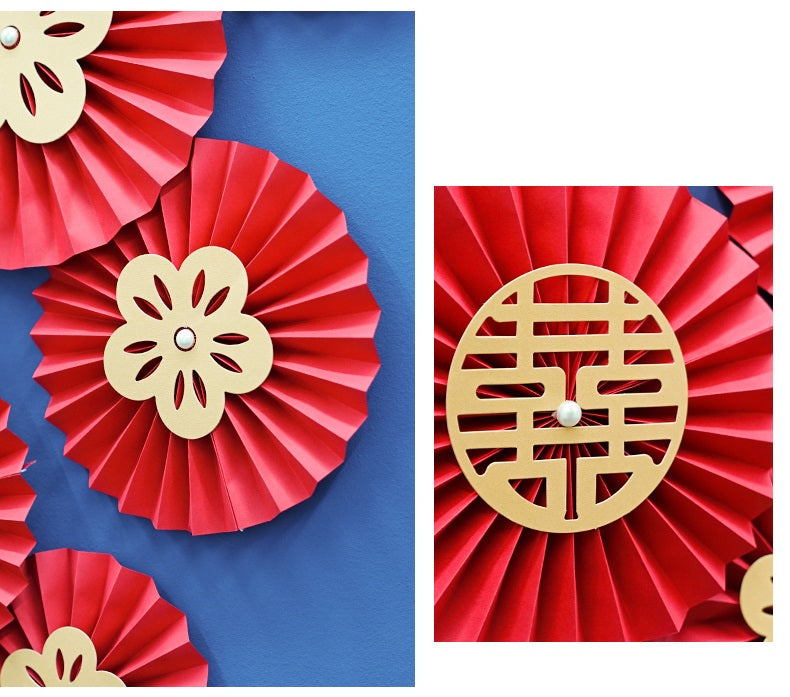Red golden double happiness flower pinwheels wedding decor backdrop
