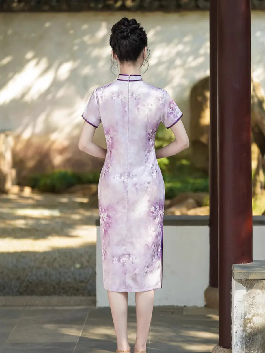 Blue & Purple Watercolor Floral Qipao Dress
