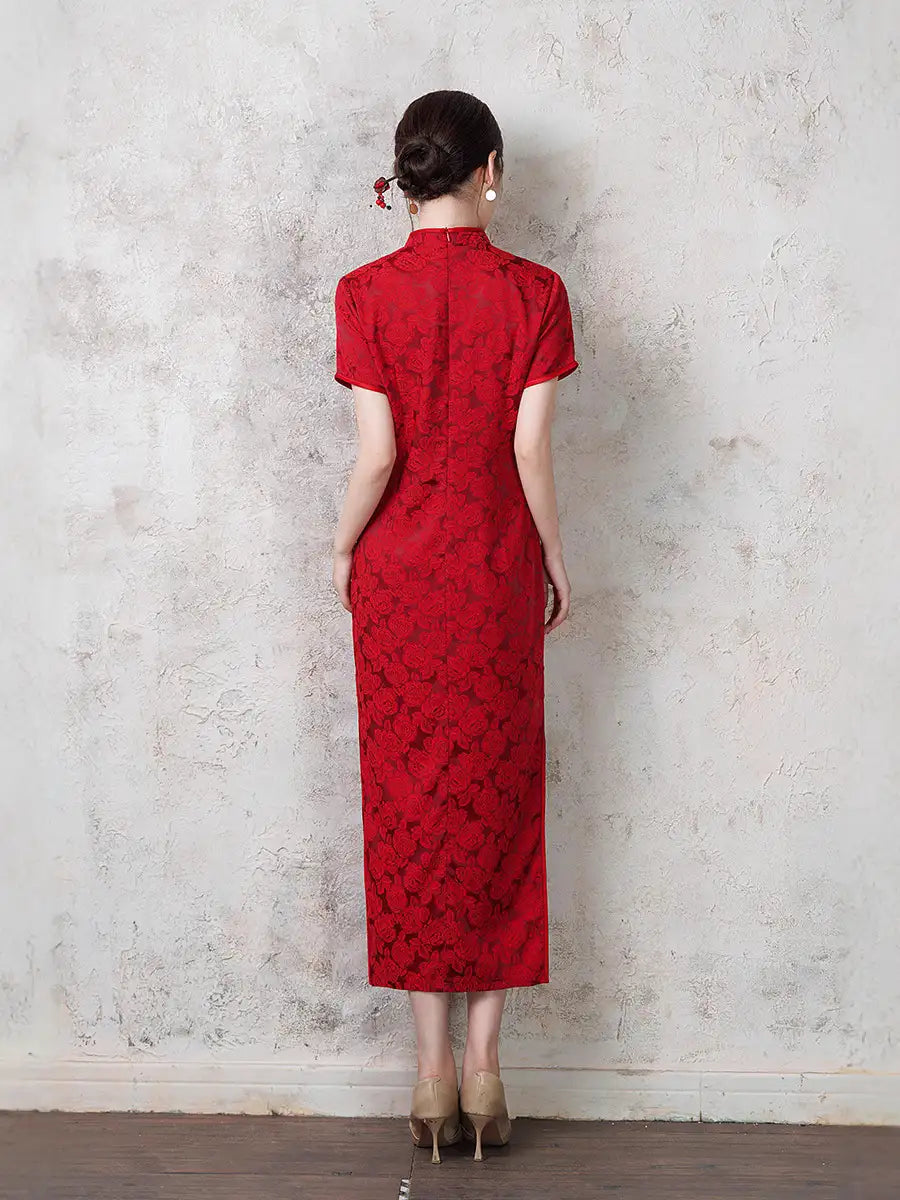 Red Jacquard Qipao Cheongsam Dress | Rose Whisper