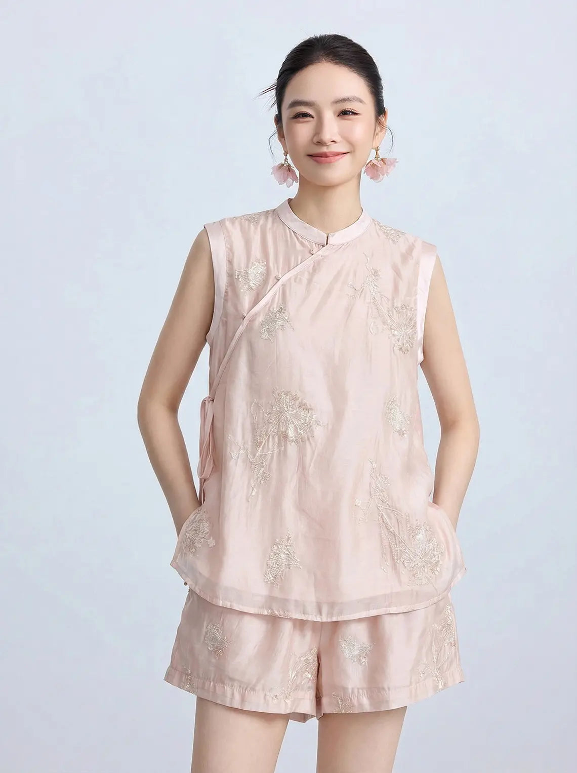 New Chinese Style - Pink Sleeveless Asymmetric Top & Shorts Set