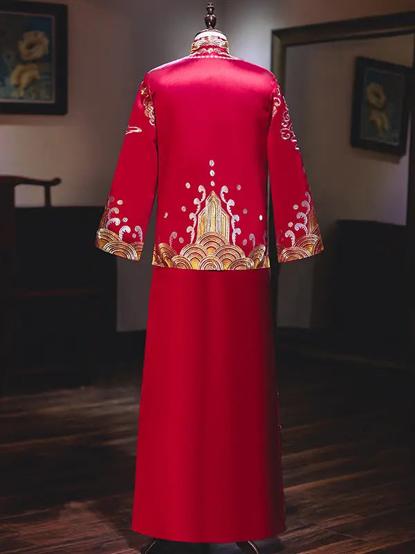 Robe de marié traditionnelle chinoise rouge et or à double bonheur (Tang Suit)