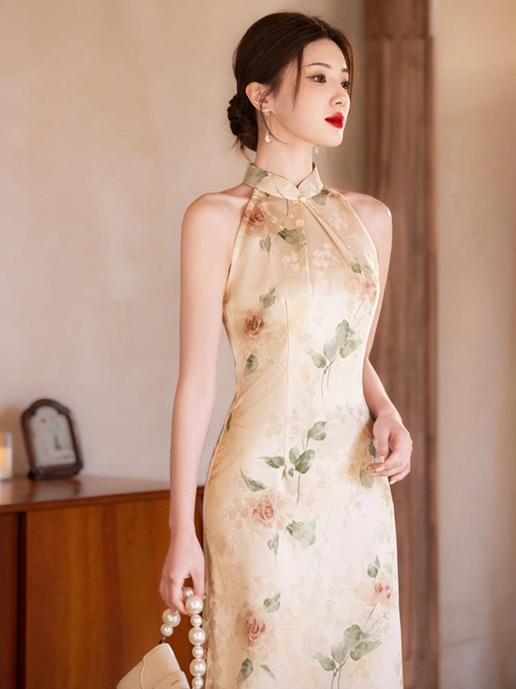 Modern Halter Neck Floral Jacquard Qipao Dress