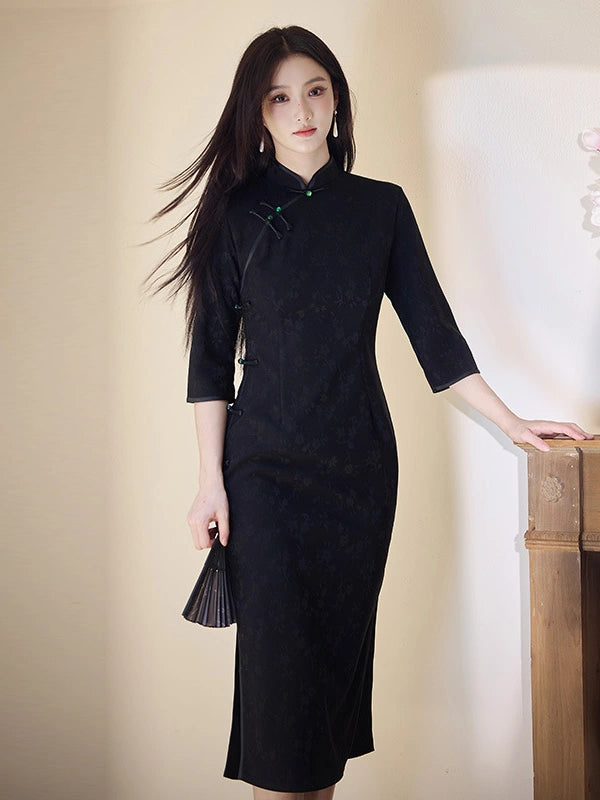 Modern Floral Cotton Jacquard Long Sleeve Qipao