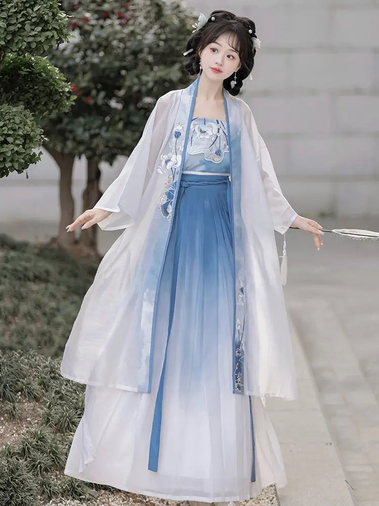 Blue and White Traditional chinese Song Dynasty Hanfu Dress with lotus flowers