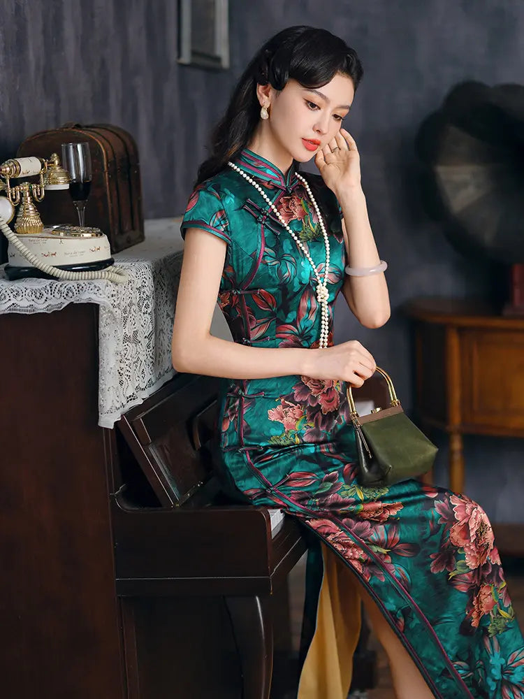Emerald Green Floral Silk Qipao Dress Oriental Me Emerald Green Floral Silk Qipao Dress Oriental Me