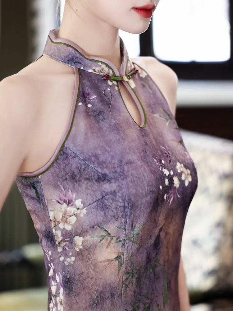 Neckholder-Midikleid mit Blumenmuster, Cheongsam und Qipao