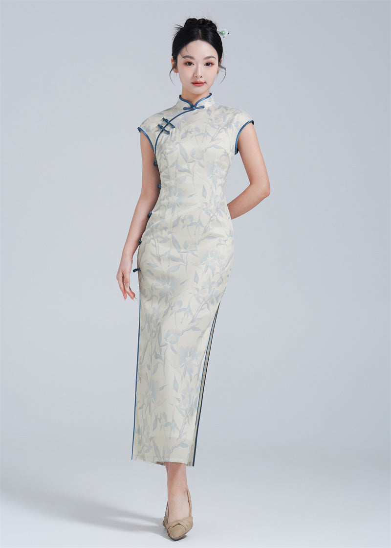 Ivory and Blue Cap Sleeves Floral Chiffon Cheongsam