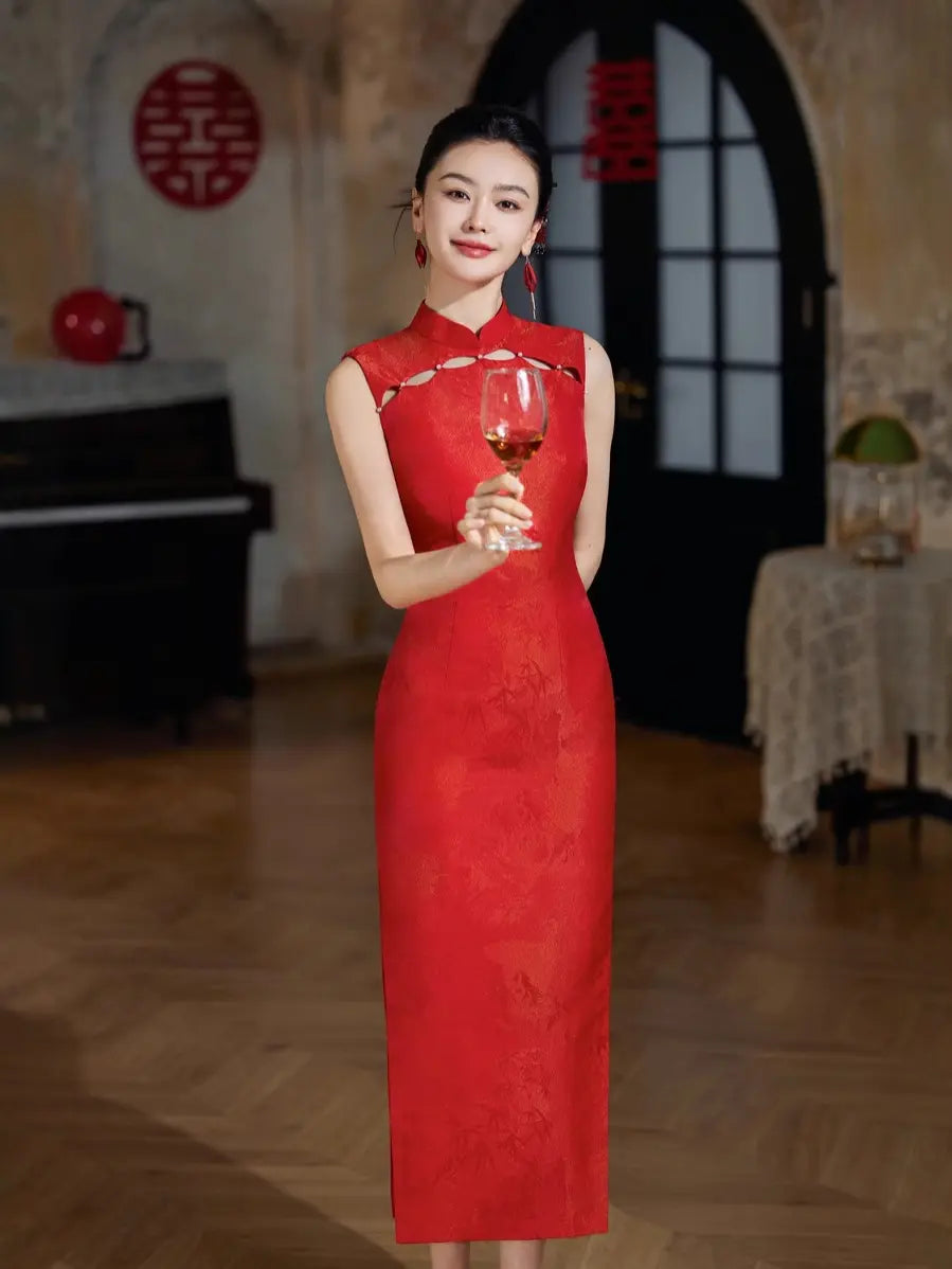 Red & Gold Brocade Sleeveless Modern Wedding  Qipao Dress