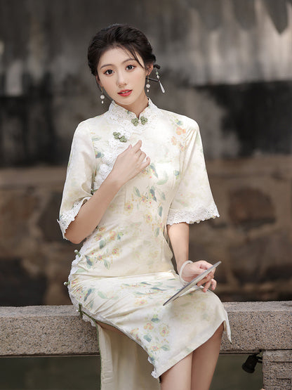 Floral Lace-Trimmed Qipao Dress