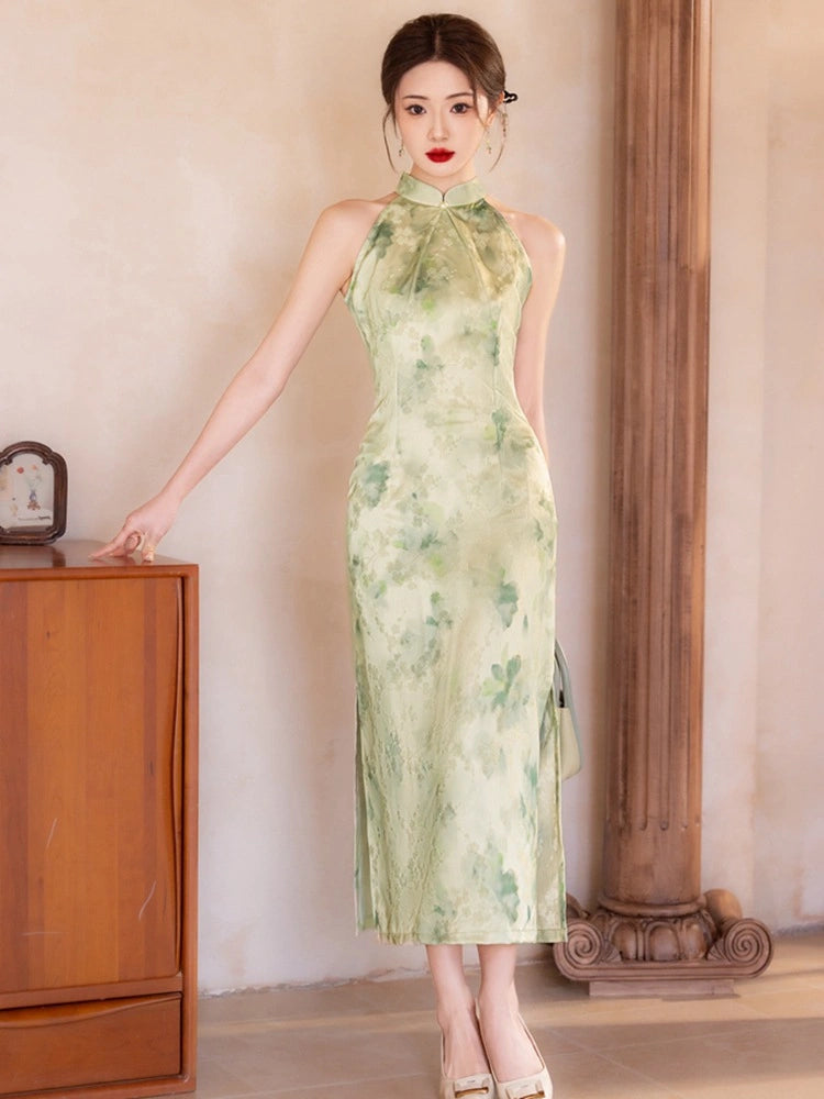 Modern Halter Neck Floral Jacquard Qipao Dress