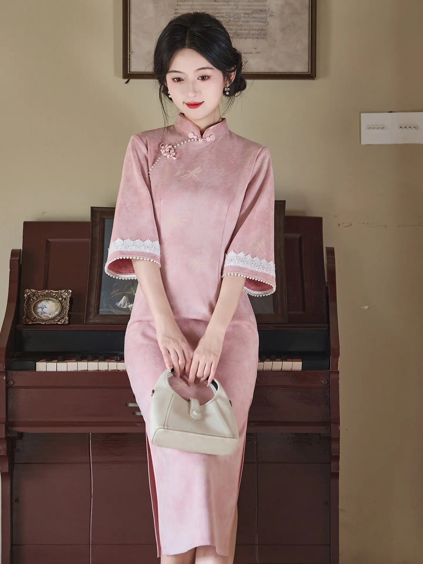 Vintage Golden Yellow/Pink Microsuede Cuff Bell Sleeve Qipao