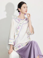 Neue Bluse und Rock im chinesischen Stil mit elfenbeinfarbenem, lila Kragen