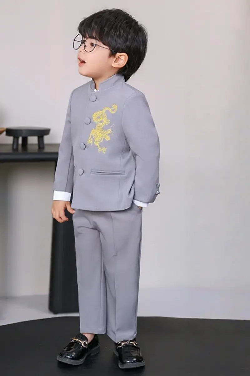 Boys' New Chinese Style Dragon Embroidered Zhongshan Suit Set