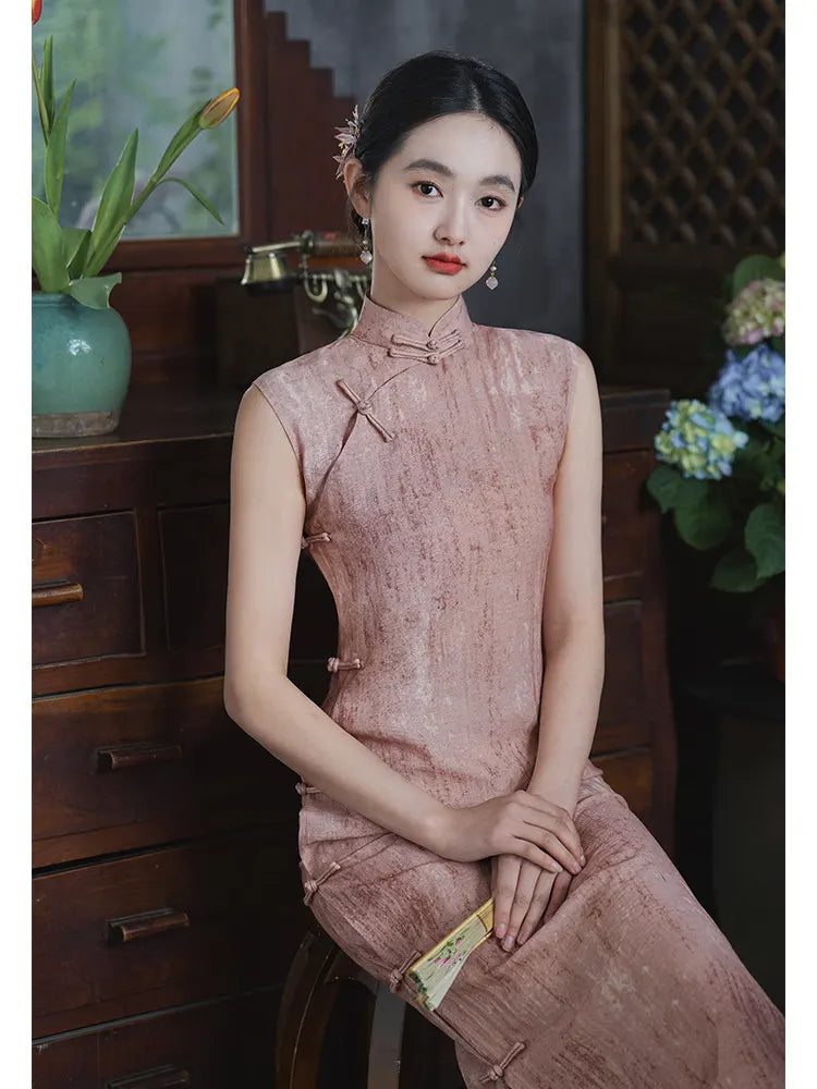 Traditional Chinese  Pastel Pink Sleeveless Qipao Dress