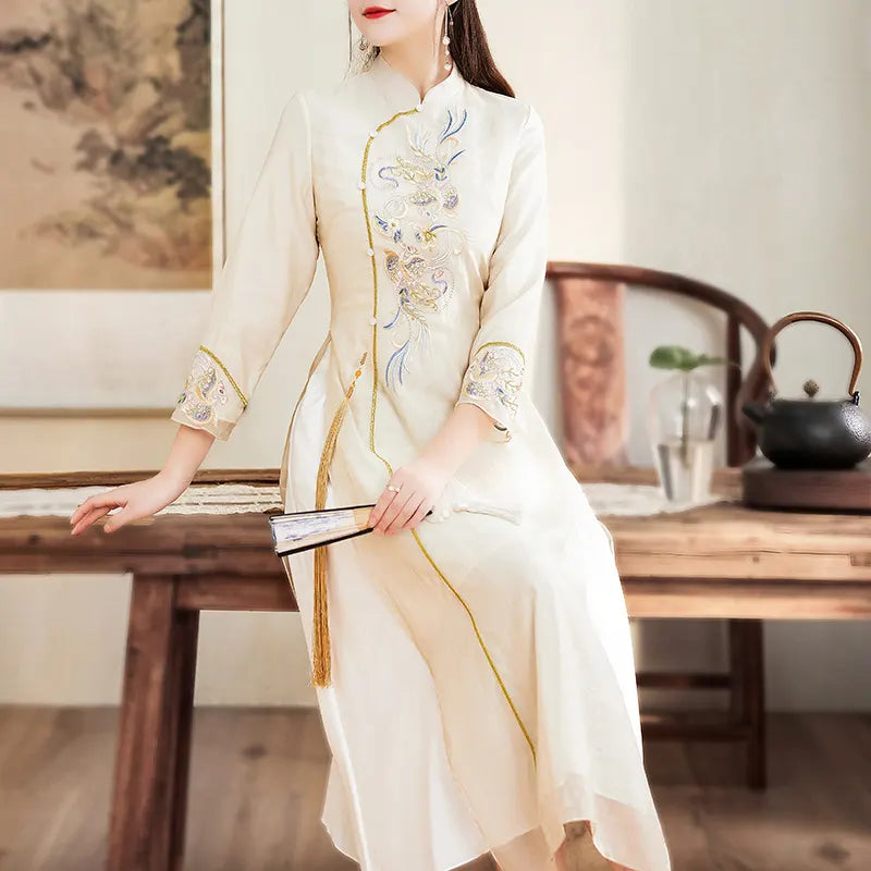 Qipao-Kleider im Ao-Dai-Stil – langes Cheongsam in A-Linie