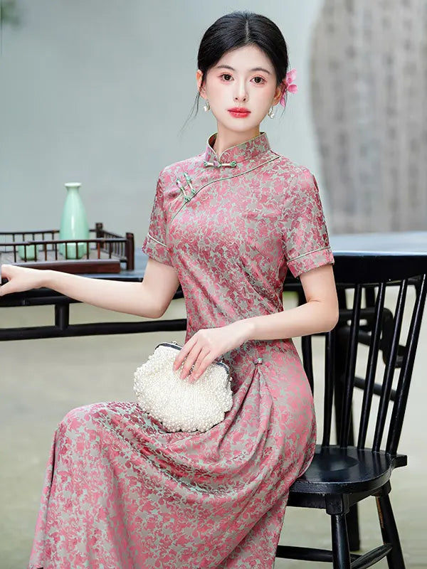 Modern Floral Short Sleeve A-Line Qipao Dress