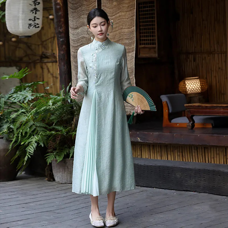 Green  Modern A-Line Tencel Jacquard Loose Cheongsam Qipao Dress