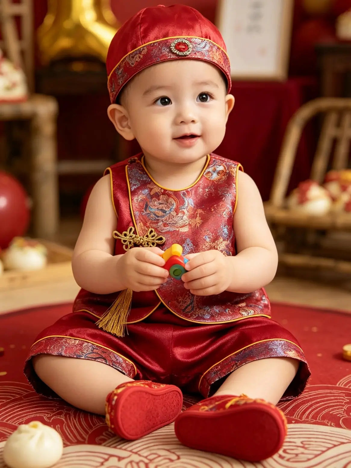Baby in traditional chinese red outfit holding a toy, sitting on a patterned rug.