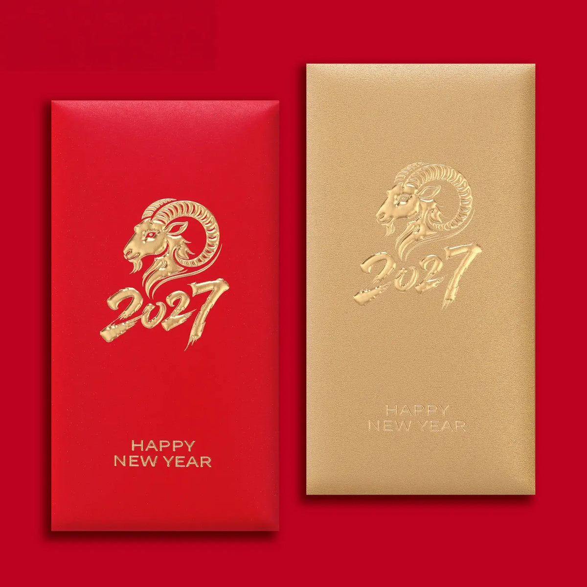 Two Chinese New Year red envelopes shown side by side on a red background. The left envelope is bright red with a gold ram/goat/sheep illustration and the year 2027, with 'HAPPY NEW YEAR' printed below.