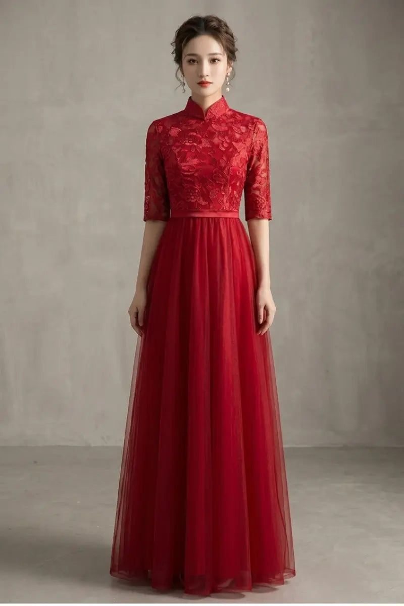 Red Lace Tulle Cheongsam/Qipao Dress-Custom Size Available  with a plain background