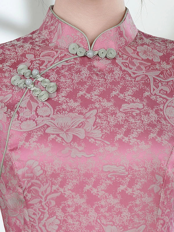 Rose Pink Floral Jacquard A-Line Qipao