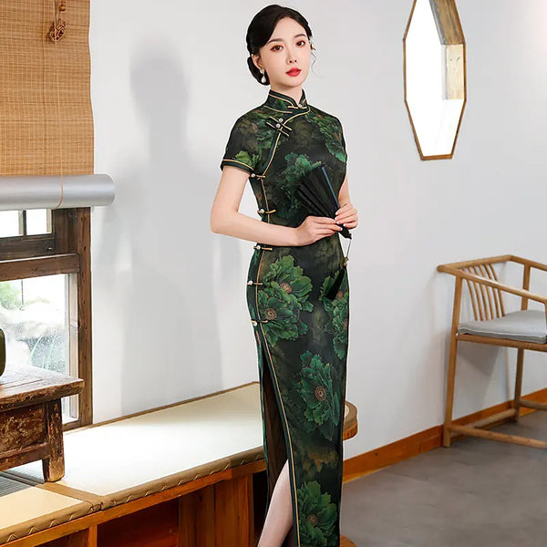Dark Green  Floral Chinese Long Qipao Dress