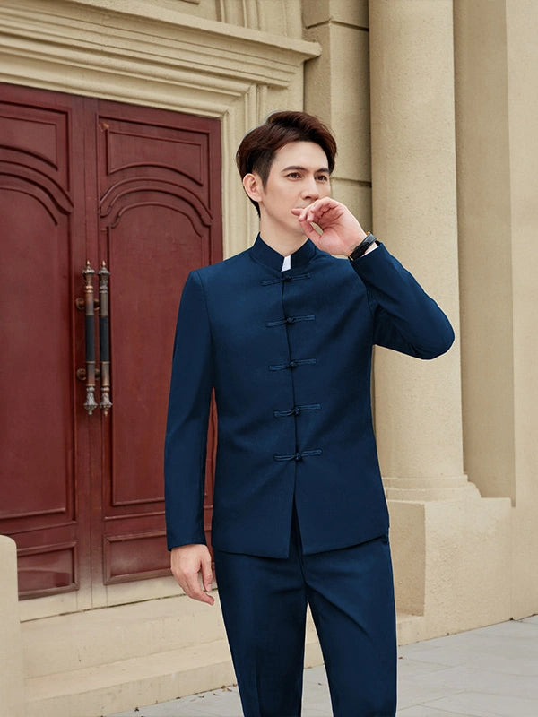 Modern Chinese Style Slim Fit Mandarin Collar Tang Suit Jacket Set